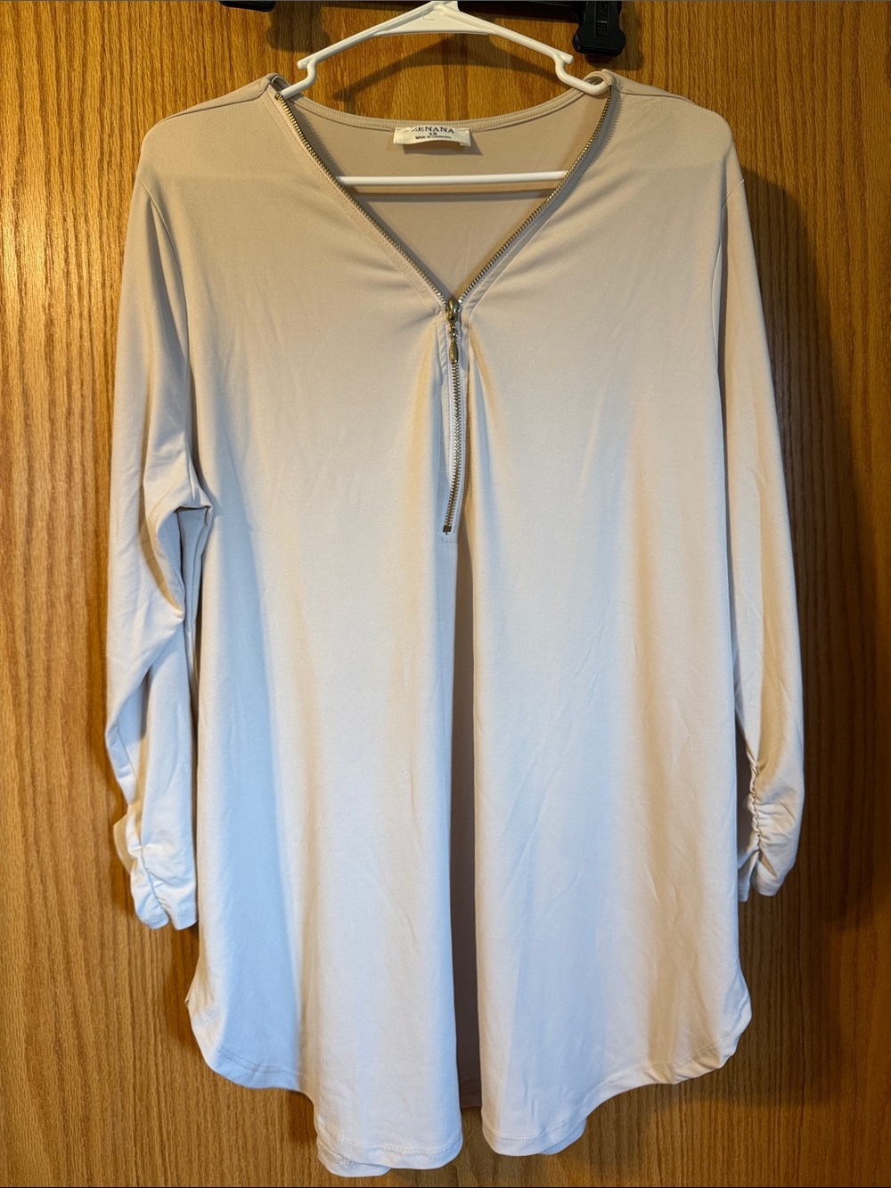 Light Beige Zip-Front Long Sleeve Top